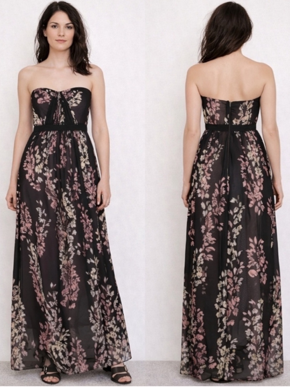 BCBGMaxAzria Amber Strapless Sheer Contrast Gown Black Floral Overlay NWT Size 0